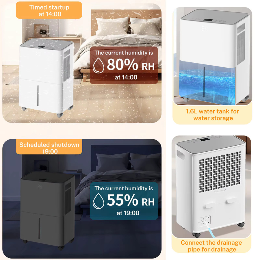 DWiusty Haushalts-Luftentfeuchter mit 12L Kapazität, 1,6L Wassertank, 125W, 24-Stunden-Timer, geräuscharm 42dB, Weiß - Bild 4