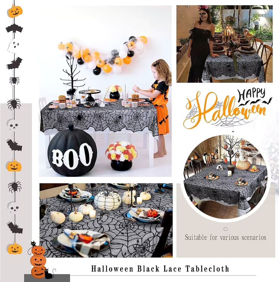 LuoluoHouse Elegante Halloween Tischdecke aus schwarzer Spitze mit Spinnennetz-Design für deine Horror-Party-Dekoration - Bild 4
