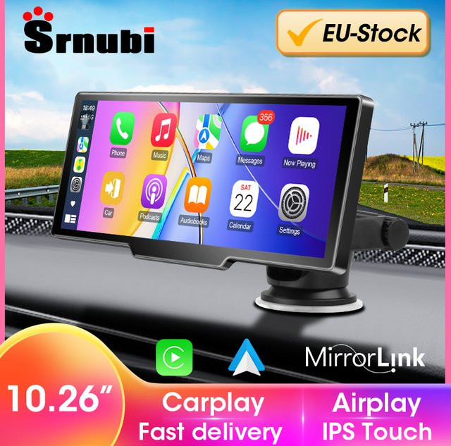 srnubi 10,26 Zoll Carplay Bildschirm für dein Auto mit kabellosem CarPlay und Android Auto, universeller Multimedia-Video-Player in Schwarz mit Bluetooth, AUX und FM - Bild 1