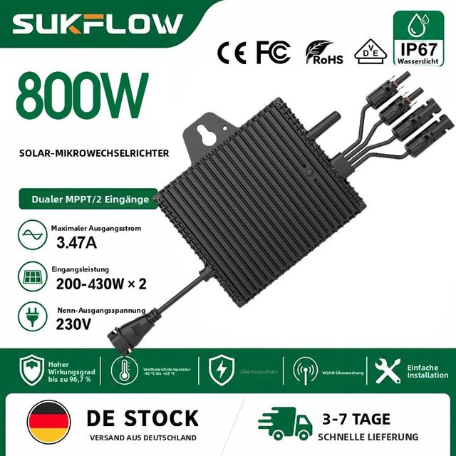 Sukflow 800W Solar-Mikrowechselrichter für Balkon-PV-Systeme mit 2 MPPT, WLAN-Überwachung und IP67 wasserdicht, Schwarz - Bild 1