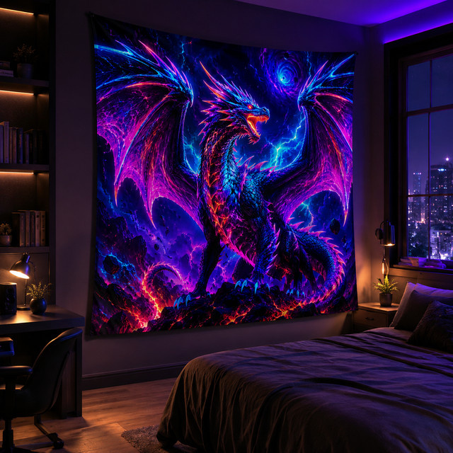 VIKAMA Kosmischer Drache Wandteppich in Multicolour mit Neon-Blitz Design für Gaming-Zimmer und Fantasy-Deko - Bild 1