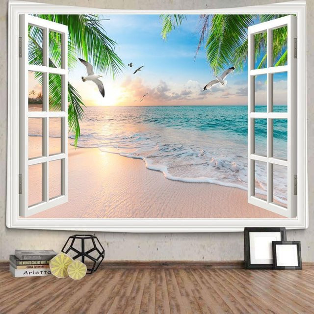Xiaoput Wandteppich mit Naturlandschaft und Sonnenuntergang am Strand, Mehrfarbig - Bild 1