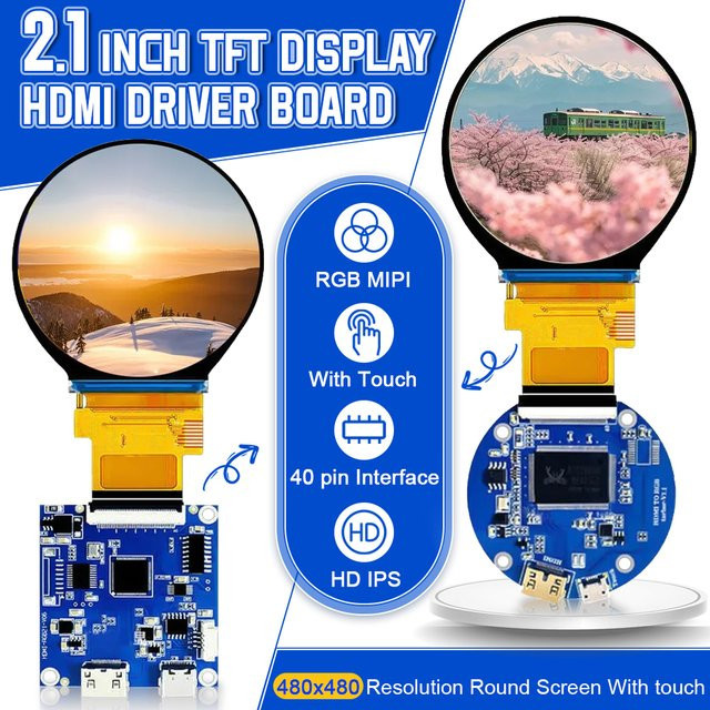 Rundes 2,1 Zoll TFT LED Display Modul mit HD IPS Bildschirm, 480x480 Auflösung, SPI RGB Schnittstelle, MIPI HDMI Treiber ST7701S und kapazitivem Touchscreen - Bild 1