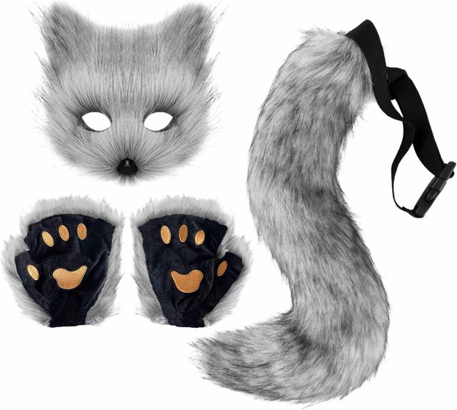 3-teiliges Halloween-Kleidungsset, Fuchsmaske, Pfotenhandschuhe, Tierschwanz, Grau - Bild 1
