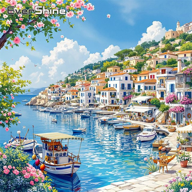 EverShine Diamant-Mosaik 5D Vollquadrat-Gemälde Maritime Landschaft am Meer mit Haus und Boot, Multicolour, B/H: 20 x 20 cm - Bild 1