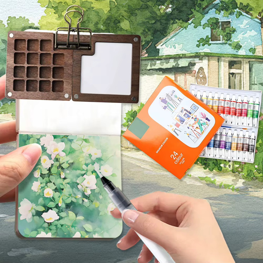 APWIKOGER Mini-Reisepalette aus Holz mit Clip und Aquarelltasche, 8/15 Gitter, Braun - Bild 4