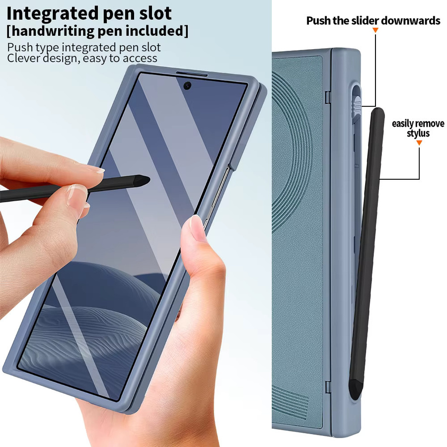 VIETAO PU-Leder Handyhülle für Galaxy Z Fold 7/6 mit Sichtschutz-Panzerglas, Touchstift und Scharnierschutz in Schwarz oder Blau - Bild 4