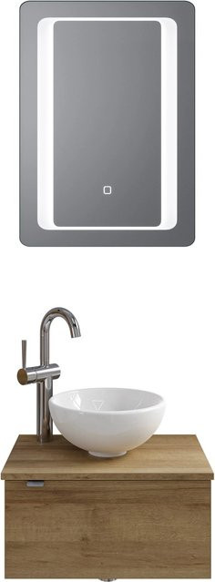 Pelipal Badmöbel-Set Serie 6915 Riviera Eiche mit Keramik Aufsatzbecken, Waschtischunterschrank und Funktionsspiegel mit LED-Beleuchtung und Sensor-Schalter, Breite: 51 cm - Bild 1
