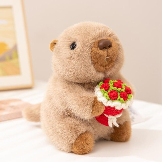Yiran Health & Beauty Blumen haltendes Murmeltier Roter Panda Puppe Plüschtier, 21cm, ab 14 Jahren - Bild 1