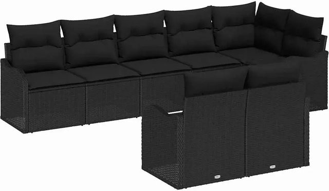vidaXL Garten-Sofa-Set aus Poly Rattan in Schwarz, 8-teiliges L-Shape Lounge-Set mit Kissen und Armlehnen - Bild 1