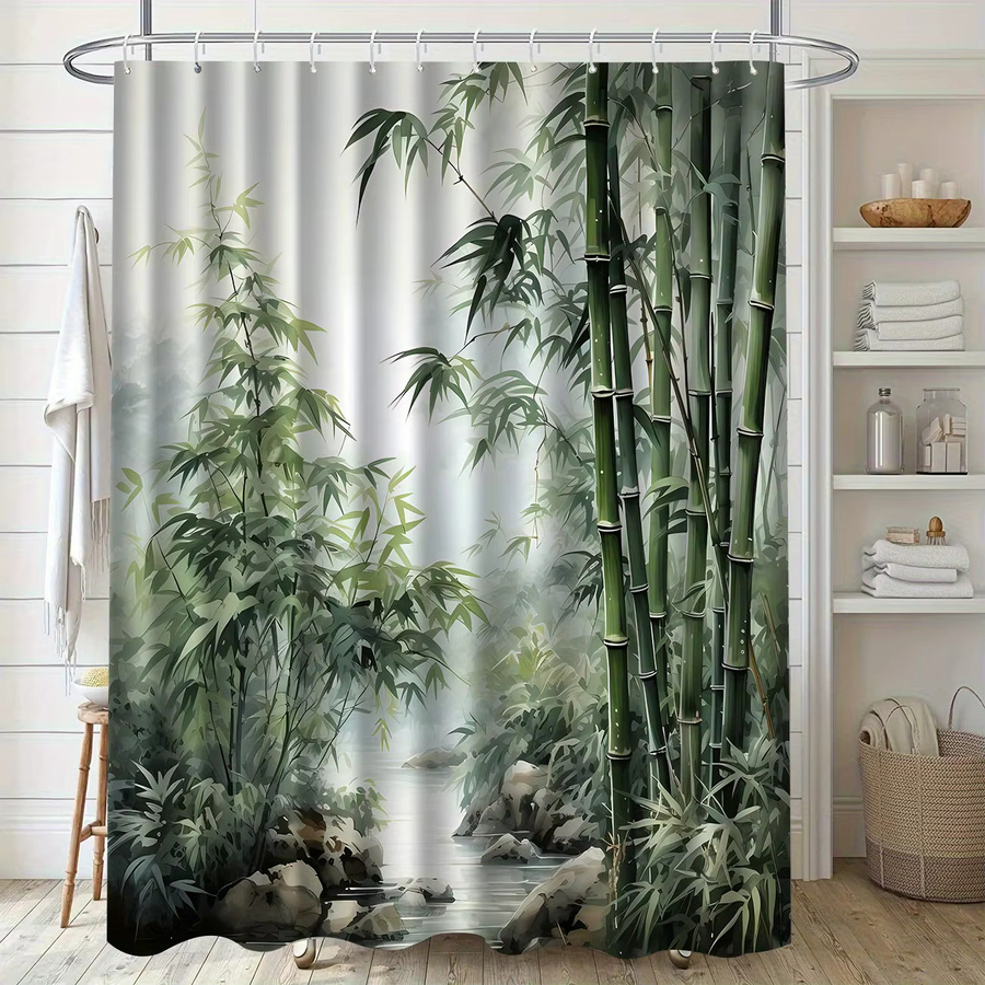 VIKAMA Duschvorhang mit Zen Bamboo Grove Landscape Print, wasserdicht und schimmelresistent, Mehrfarbig, B/H: 180 x 180 cm - Bild 3