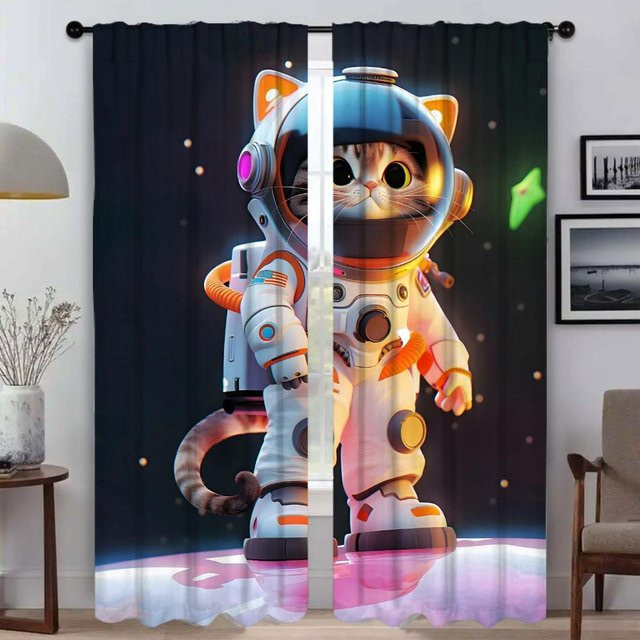 Weltraum Katze Fenstervorhang aus Tüll mit Motiv für Schlafzimmer und Wohnzimmer, 2 Paneele, B: 50 cm, H: 70 cm - Bild 1