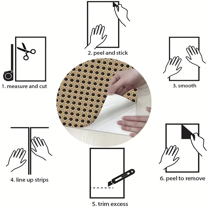 Selbstklebende Tapete in Beige mit Retro-Rattan-Muster und Holzmaserung, wasserfeste Wandgestaltung für Schlafzimmer und TV-Hintergrund, Breite: 45 cm, Höhe: 200 cm - Bild 3