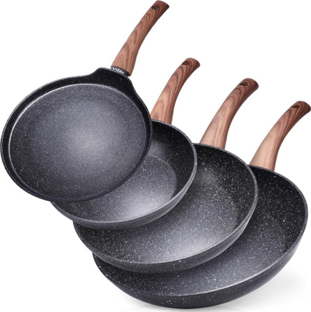 Vilde Bratpfannen 4er Set mit Antihaftbeschichtung in Black&Wood, Durchmesser: 20 cm, 24 cm, 28 cm und Crepepfanne Durchmesser: 24 cm