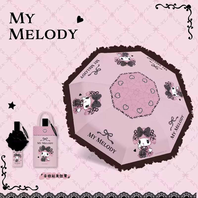 Sanrio Hello Kitty Melody Sonnenschirm mit Spitzenprint, dreifach faltbar und windresistent, Schwarz - Bild 2