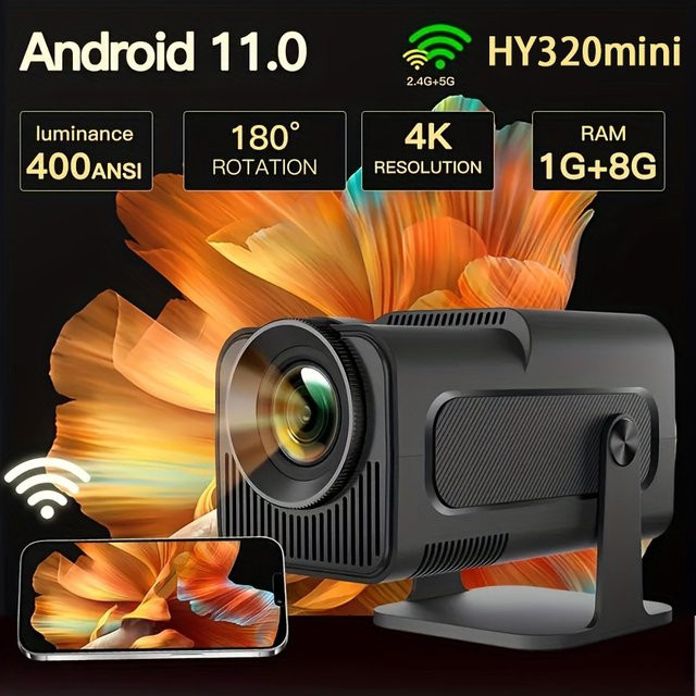 Sucetiho HY320 Mini Projektor mit Android 11, 720P Native Auflösung, 4K Unterstützung, 300 ANSI, Wifi6 und Bluetooth 5.0, 180 Grad drehbar und tragbar - Bild 1