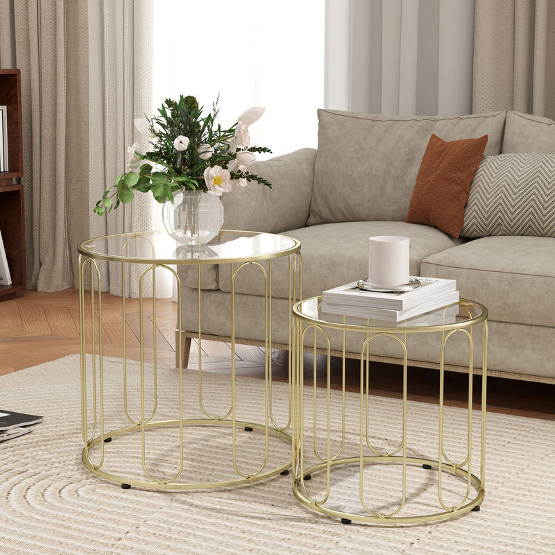 HOMCOM Couchtisch 2er Set rund mit Glasplatte und geometrischem Metallrahmen in Gold und Transparent - Bild 2