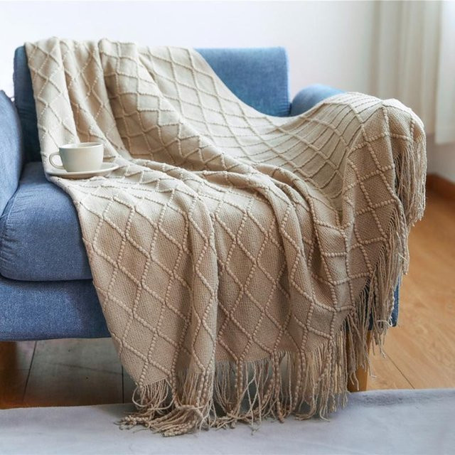 Yiran bag Strickdecke im Boho-Stil mit Quasten, Beige, B/B: 127 x 180 cm - Bild 1