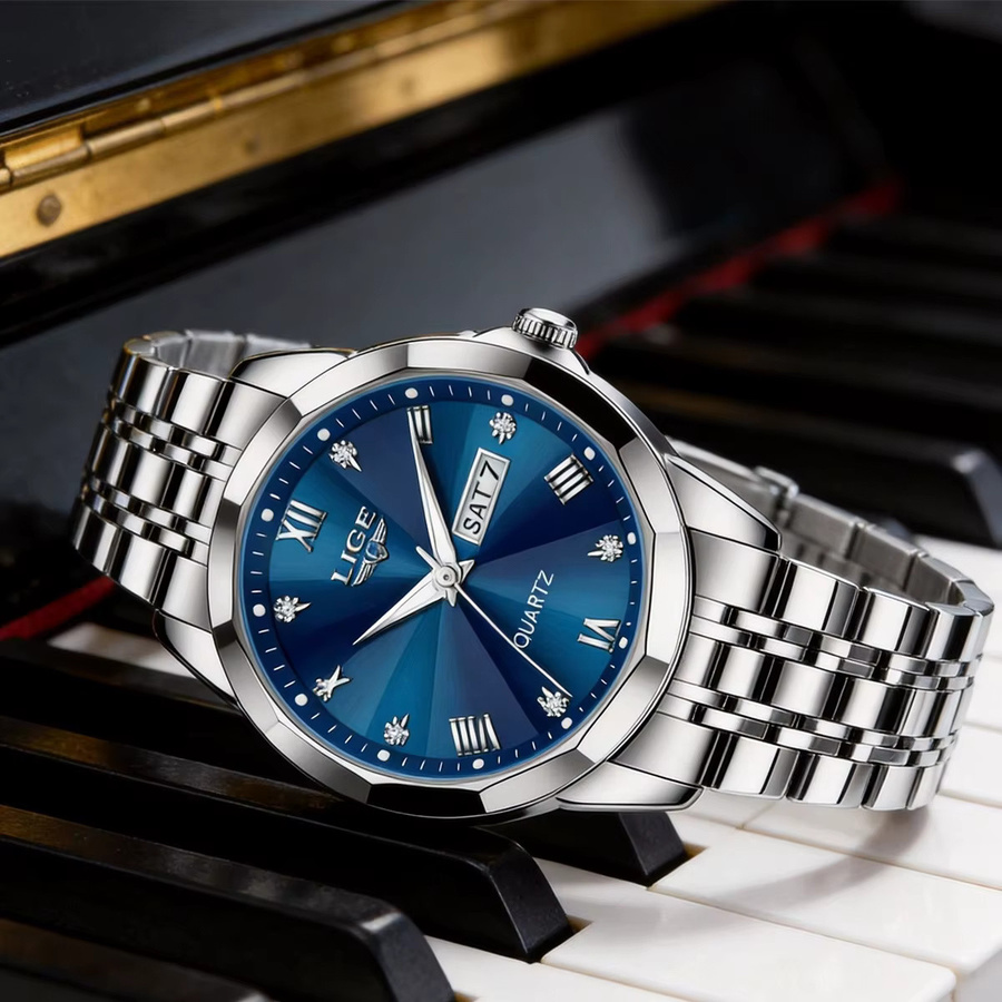 LEGE Armbanduhr Herren, Quarz, Edelstahl, Blau, Silber, Wasserdicht - Bild 2