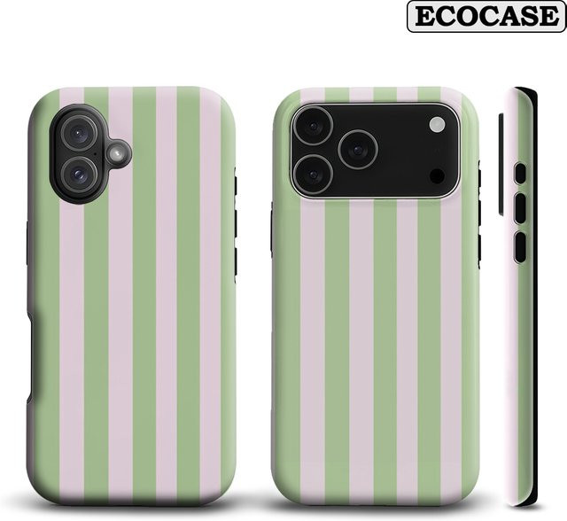 Potdemiel Handyhülle Mint & Blush Stripes für iPhone 17 16 15 14 13 12 Pro Max Plus mit doppelschichtiger Rückseite in Grün und Pink - Bild 1