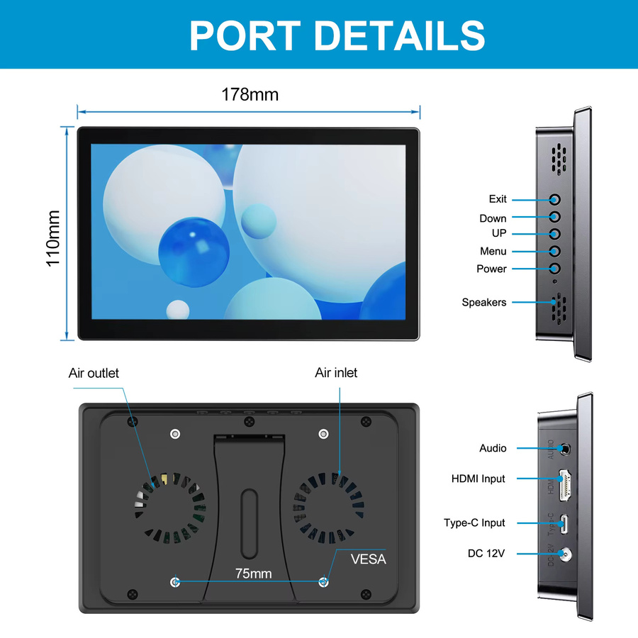 UNEW 7-Zoll Touchscreen Monitor mit HDMI und USB-C in Schwarz für Raspberry Pi 3 und 4 sowie Banana Pi, Auflösung 1024x600 - Bild 5