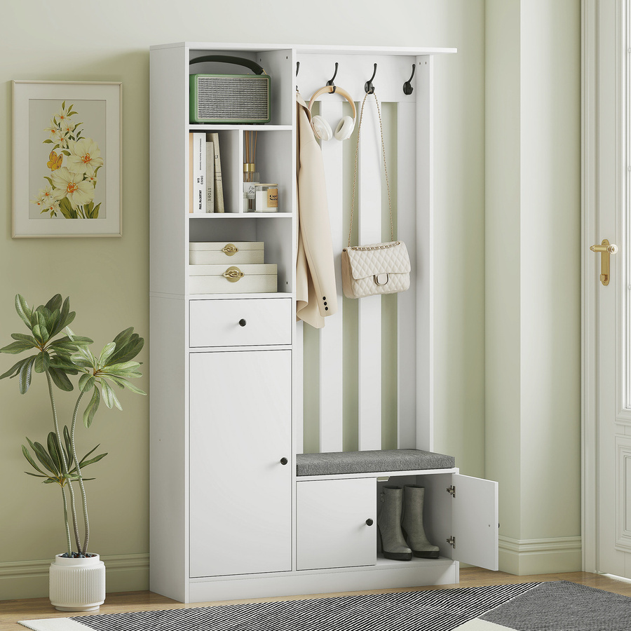 HOMCOM Garderobe Set mit Sitzbank und Schuhschrank in Weiß, Flurgarderobe mit Regal, Schublade und 4 Haken, B/T/H: 100 x 30 x 180 cm - Bild 2