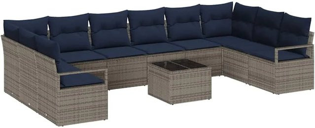vidaXL Sofa Set aus Polyrattan in Grau, 11-teiliges Gartenmöbel-Set mit Kissen und Couchtisch für Terrasse und Garten - Bild 1