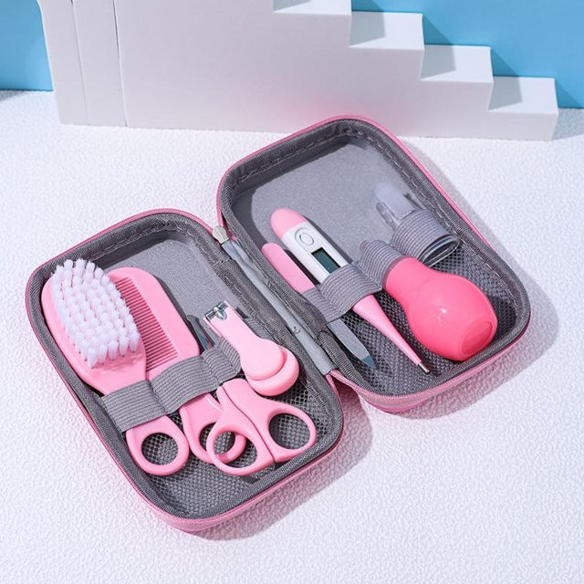 Binchi Outdoor Product Baby Pflege-Set mit 8 Teilen in Rosa, inklusive weicher Bürste, Nagelschere, Kamm und Thermometer - Bild 1
