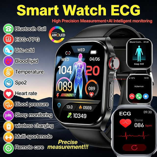 Marsyu Smartwatch mit AI-GPT Diagnose, EKG, Blutdruck, Lipid und Harnsäure Messung, Bluetooth-Anruf, Schwarz, kompatibel mit Android und iOS - Bild 1