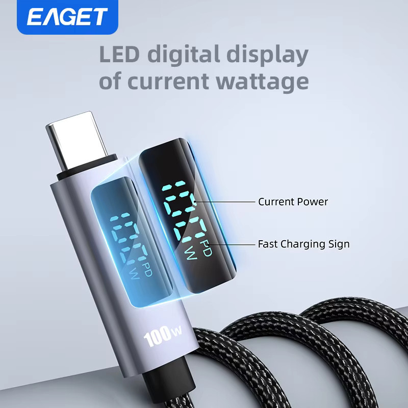 EAGET USB-C-auf-USB-C-Kabel mit digitaler Anzeige, 100W Leistung, E-Mark-Chip und 480 Mbit/s Datensynchronisation, Schwarz - Bild 3