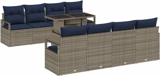 7-tlg. vidaXL Garten-Sofa-Set aus Polyrattan und Stahl in Grau und Marineblau mit Sitzflächen, 2-Sitzer Sofas und Tisch - Bild 1