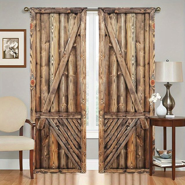 2er-Set Yiran Furniture Türvorhänge aus Holzoptik in Hellbraun, semi-transparent mit Ösen, B: 70 cm, H: 185 cm - Bild 1