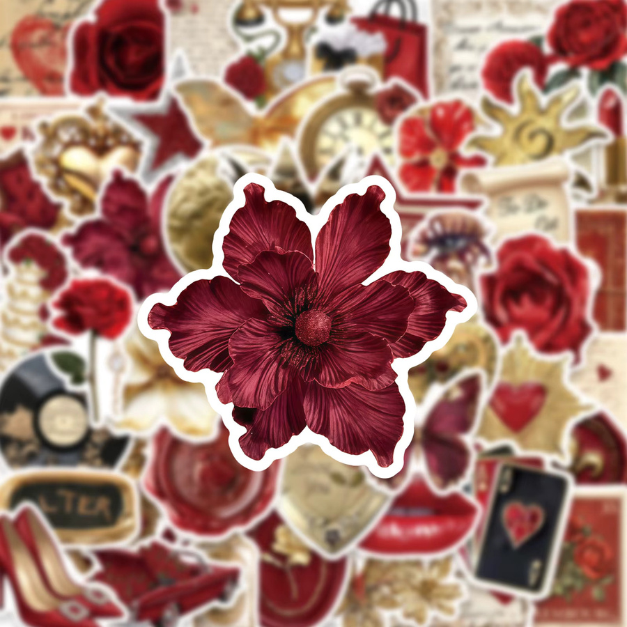 50 Stück GOGOTU Vintage Aufkleber in Rot und Gold, Ästhetische Cartoon-Sticker für Scrapbook und DIY, Wasserfeste Graffiti Sticker - Bild 3