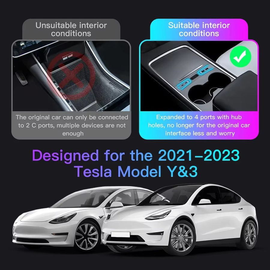 NAVIFANS 27 W Schnellladegerät USB-Hub für Tesla Model 3 und Tesla Model Y 2021–2023, Intelligente Dockingstation mit USB-A und USB-C, Schwarz - Bild 4