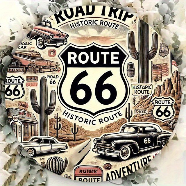 Potdemiel Vintage Route 66 Metallwandschild aus Aluminium, rund, Durchmesser: 20,3 cm, mit klassischen Autos, Kakteen und Road Trip Motiven - Bild 1