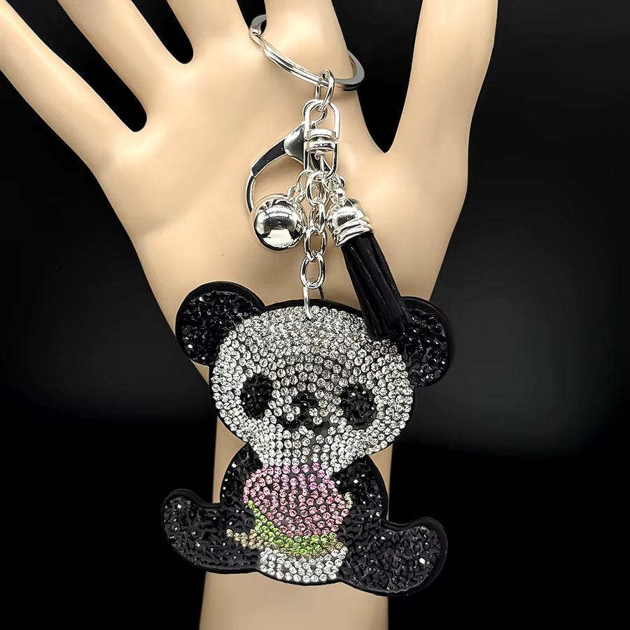 AFAWA Schlüsselanhänger Panda-Pfirsich, Strass-Kristalle, schwarze Quaste, Unisex - Bild 2