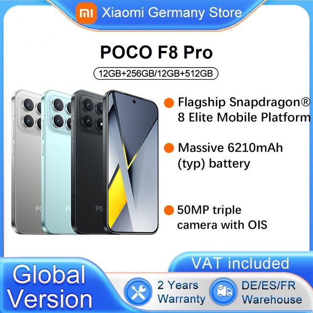 Xiaomi POCO F8 Pro 5G Smartphone Globale Version Schwarz mit 6,59 Zoll Display, Snapdragon 8 Elite Mobile Platform, 100W HyperCharge, 6210mAh Akku, 50MP Kamera und NFC - Bild 1