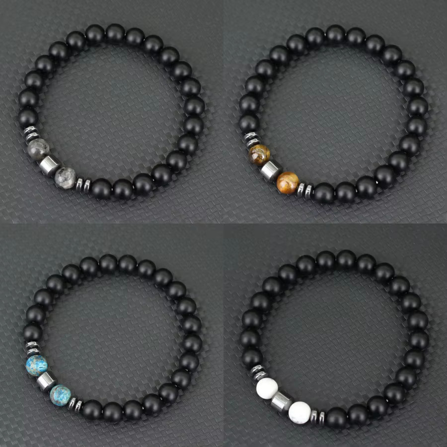 Perlenarmband, Vulkanstein, Tigeraugen, Howlith, Onyx, Schwarz, Unisex - Bild 1