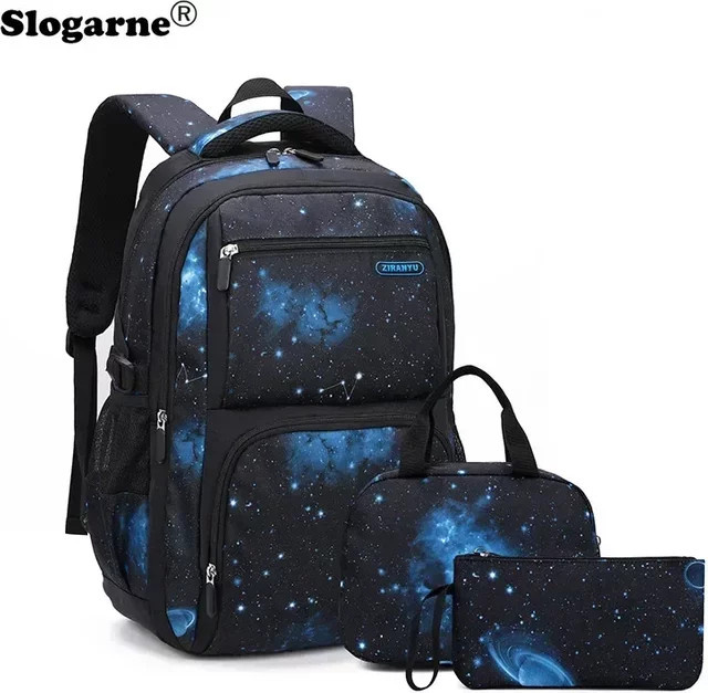 3er Set ZIRANYU Kinderrucksäcke mit Starry Sky Muster, wasserdichte Schultaschen für Jungen inklusive Lunchbox und Federmäppchen, Farbe: Blau - Bild 1