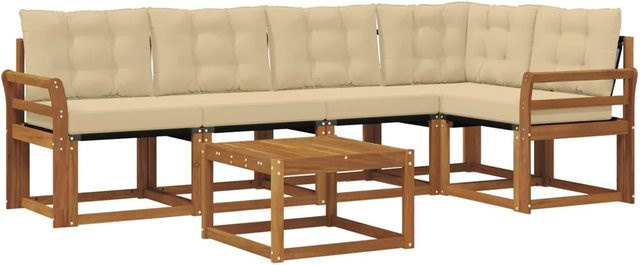 vidaXL Outdoor-Sofagarnitur 6-teilig aus Akazienholz und Textilene in Natur-Beige mit Kissen und Armlehnen - Bild 1
