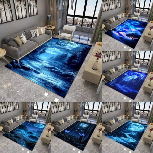Moderner Teppich mit Mond-Print in Blau, rutschfest und verschleißfest, rechteckige Bodenmatte für Wohnzimmer und Schlafzimmer - Bild 1