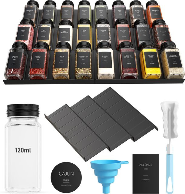 Jugacool 24-teiliges Gewürzgläser-Set aus Glas mit Etiketten und Schubladenorganizer, transparent/schwarz, 120 ml pro Glas - Bild 1