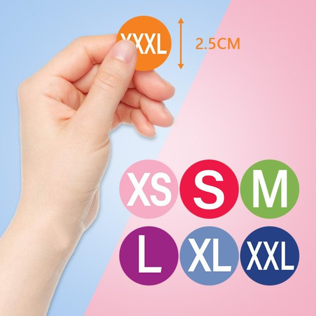 500 Stück runde Kleideretiketten als selbstklebende Größenaufkleber für Textilien in verschiedenen Größen XS bis 3XL, Mehrfarbig - Bild 1