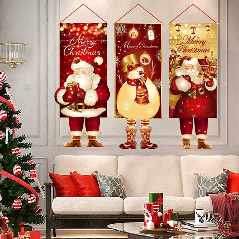 Rote Weihnachts-Wimpelkette aus Textil mit Weihnachtsmann-Motiv und Schriftzug als hängendes Dekorationselement - Bild 1