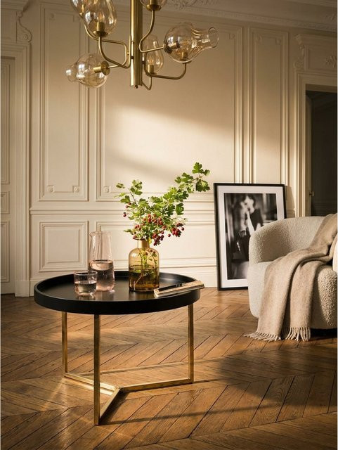 Runder Couchtisch von KADIMA DESIGN im Retro Design mit Holzplatte und Metallgestell, Schwarz/Gold, B/T/H: 58,5 x 58,5 x 42 cm - Bild 1