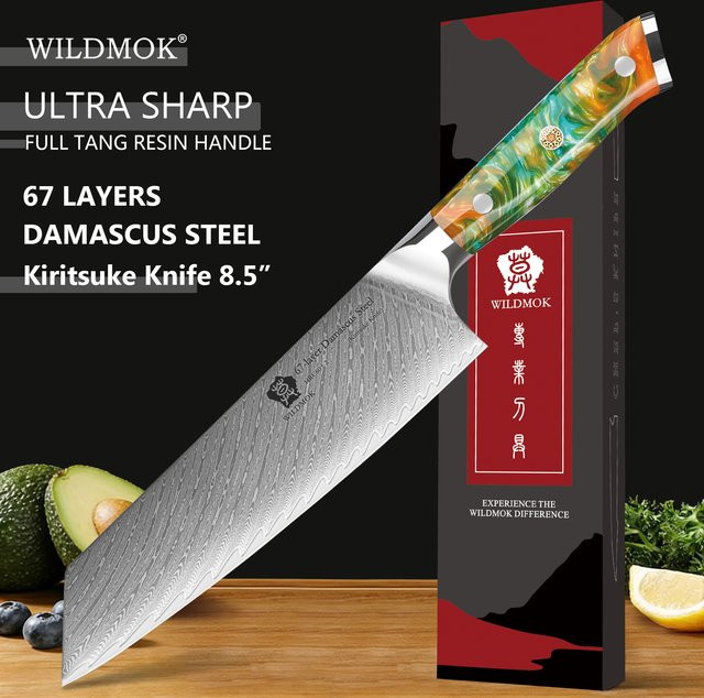 WILDMOK Kiritsuke Kochmesser aus japanischem Damaststahl mit ergonomischem orangefarbenem Harzgriff, 21,59 cm - Bild 1