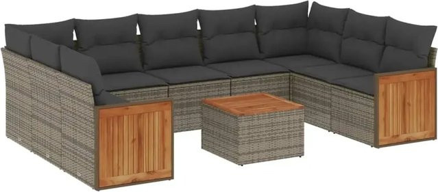 vidaXL 10-teilige Garten-Sofagarnitur in L-Form aus Poly-Rattan und Akazienholz mit Kissen in Grau - Bild 1