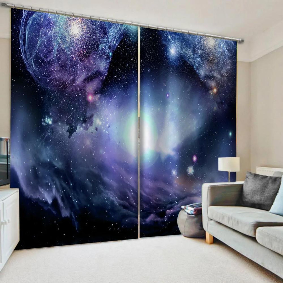 Yiran Furniture Weltraum-Galaxie Vorhänge mit Sternenhimmel-Druck, 2er-Set, halbtransparent, Polyester, Mehrfarbig, Breite: 100 cm, Höhe: 130 cm - Bild 1