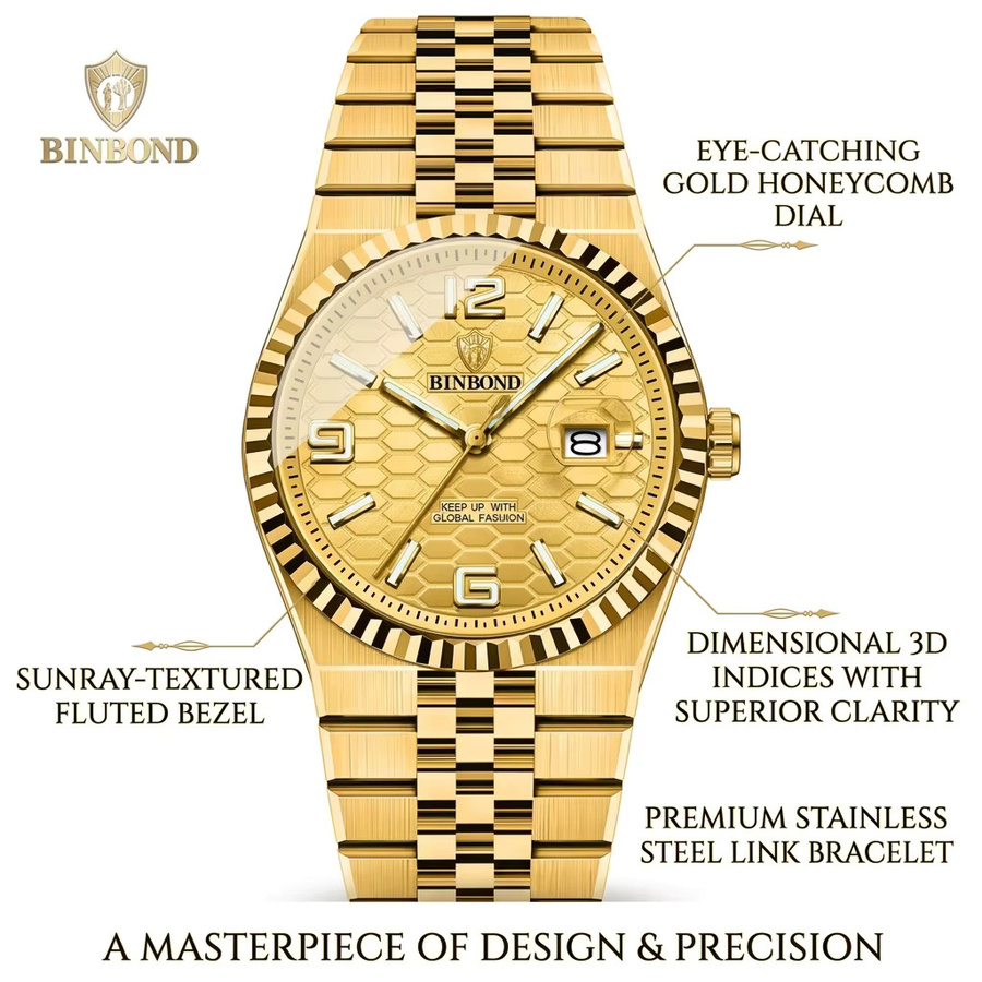 BINBOND Armbanduhr Edelstahl, Gold, Quarz, Analoguhr, Herren - Bild 6