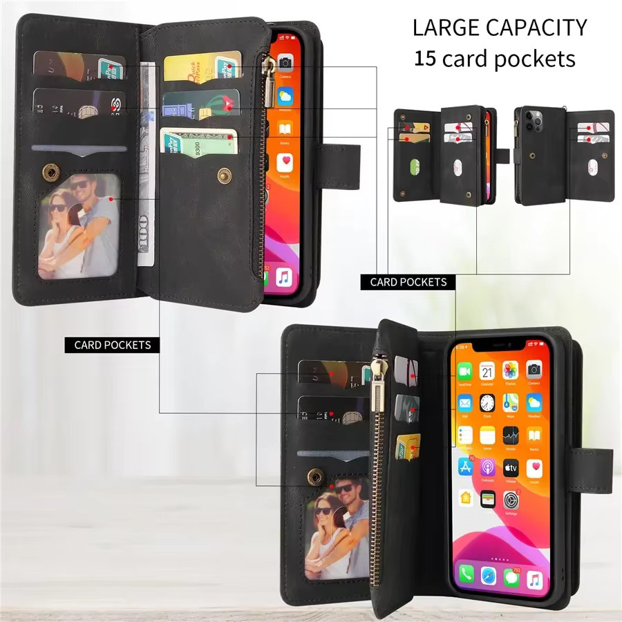 Xiaomi Brieftaschenhülle mit Reißverschluss für Redmi Note 13 Pro 14S 15 Pro Plus 14C 15C aus Leder in Rot und Schwarz mit 15 Kartenfächern - Bild 4